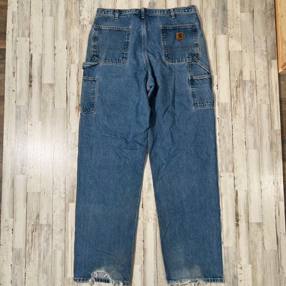 Vintage 90s Carhartt Thrashed Blue Denim Carpenter Canva Cargos Mens Sz 36 x 36 - Picture 2 of 6